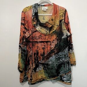 Parsley & Sage Cowl Neck Top Colorful Size XL Art to Wear Boho Unique